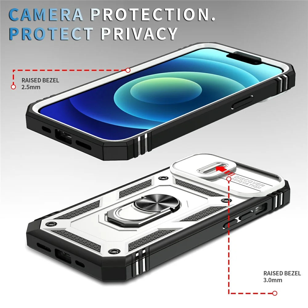 For iPhone 15 Kickstand Phone Case PC+TPU Sliding Camera Protection Cover with Card Slot - White+Black - 2