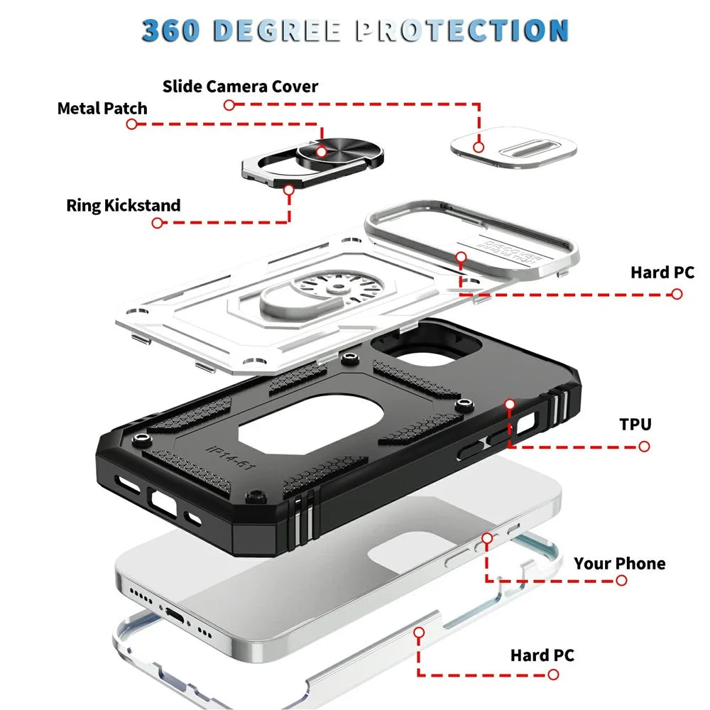 For iPhone 15 Kickstand Phone Case PC+TPU Sliding Camera Protection Cover with Card Slot - White+Black - 3