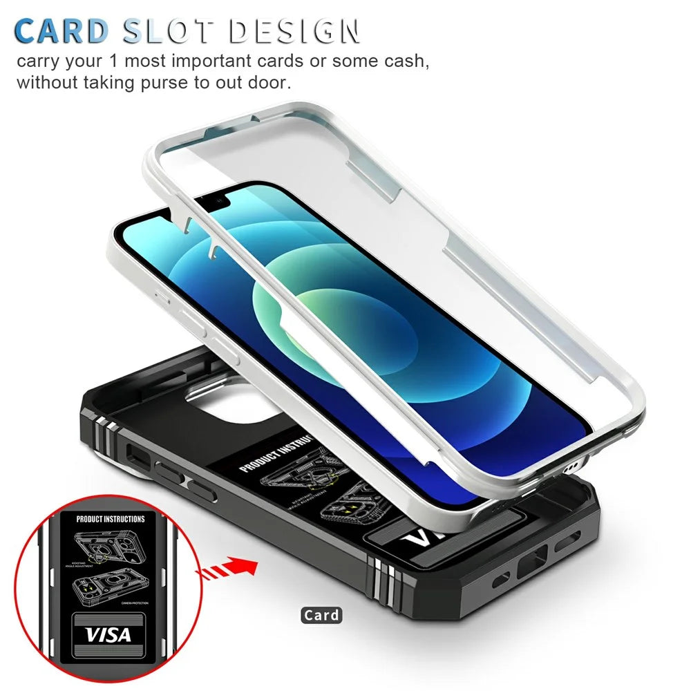 For iPhone 15 Kickstand Phone Case PC+TPU Sliding Camera Protection Cover with Card Slot - White+Black - 5