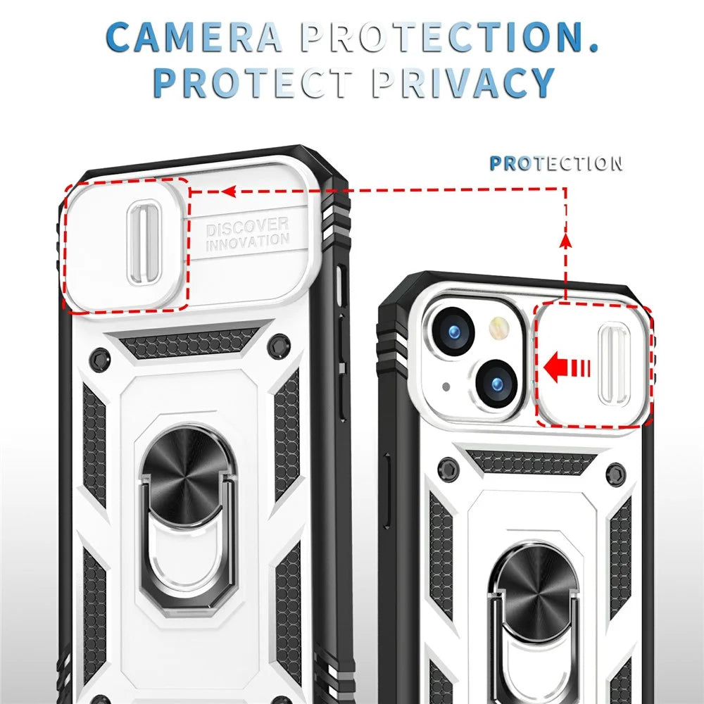 For iPhone 15 Kickstand Phone Case PC+TPU Sliding Camera Protection Cover with Card Slot - White+Black - 6