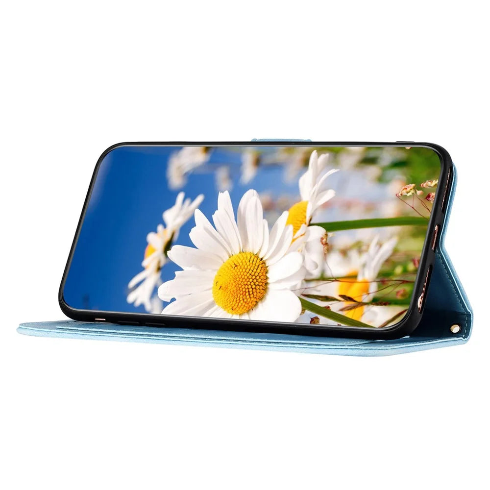 Card Slots Leather Case for iPhone 15 Pro , Flower Pattern Printing Cell Phone Stand Cover - Baby Blue - 2
