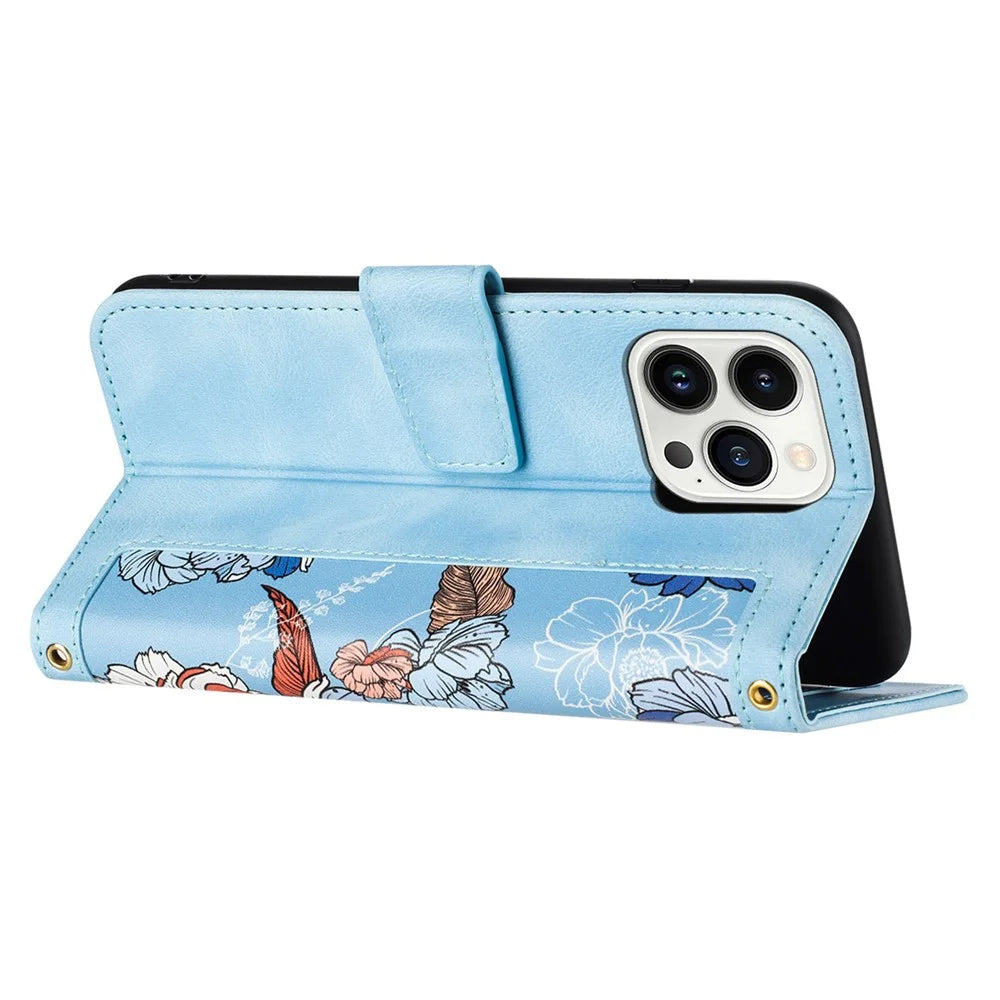 Card Slots Leather Case for iPhone 15 Pro , Flower Pattern Printing Cell Phone Stand Cover - Baby Blue - 4