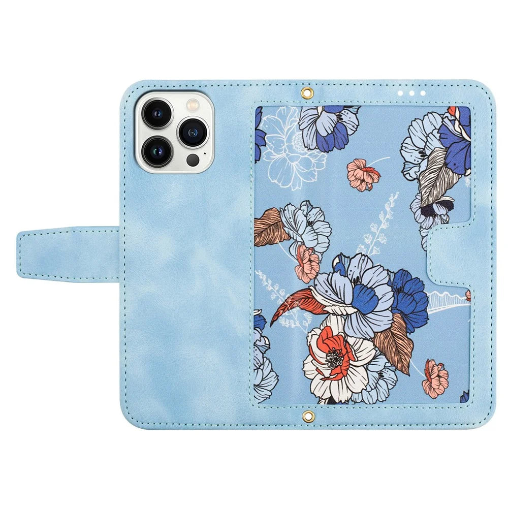 Card Slots Leather Case for iPhone 15 Pro , Flower Pattern Printing Cell Phone Stand Cover - Baby Blue - 5