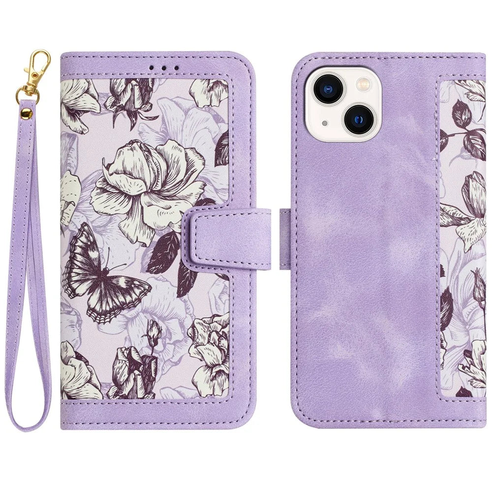 Flower Pattern Printing Leather Case for iPhone 15 , Card Holder Stand Phone Cover - Light Purple - 1
