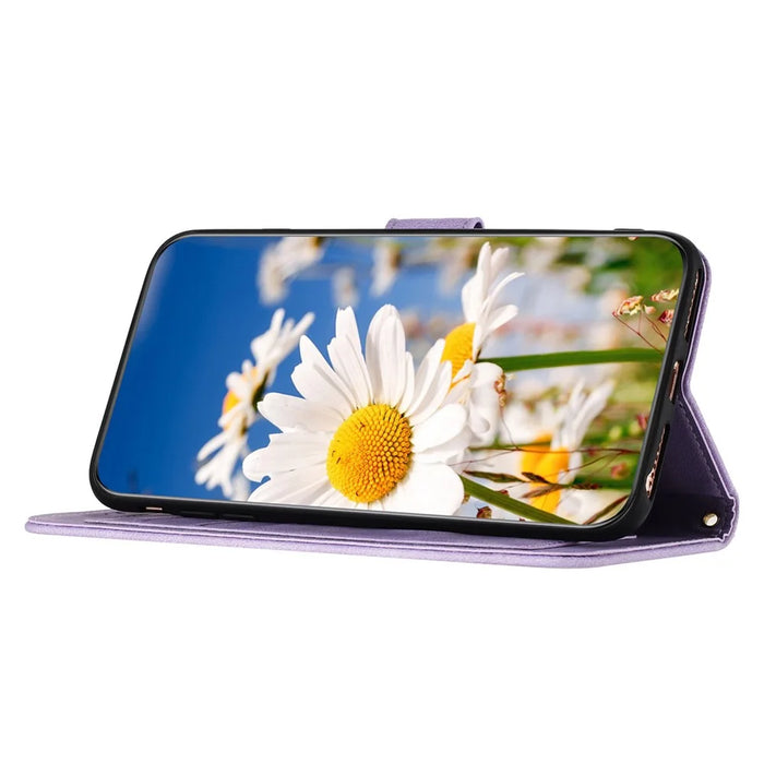 Flower Pattern Printing Leather Case for iPhone 15 , Card Holder Stand Phone Cover - Light Purple - 3