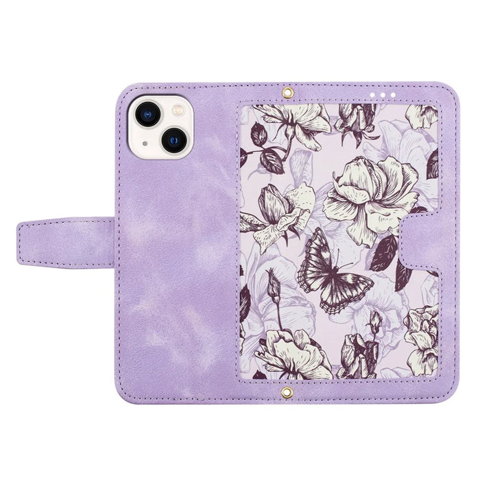 Flower Pattern Printing Leather Case for iPhone 15 , Card Holder Stand Phone Cover - Light Purple - 5