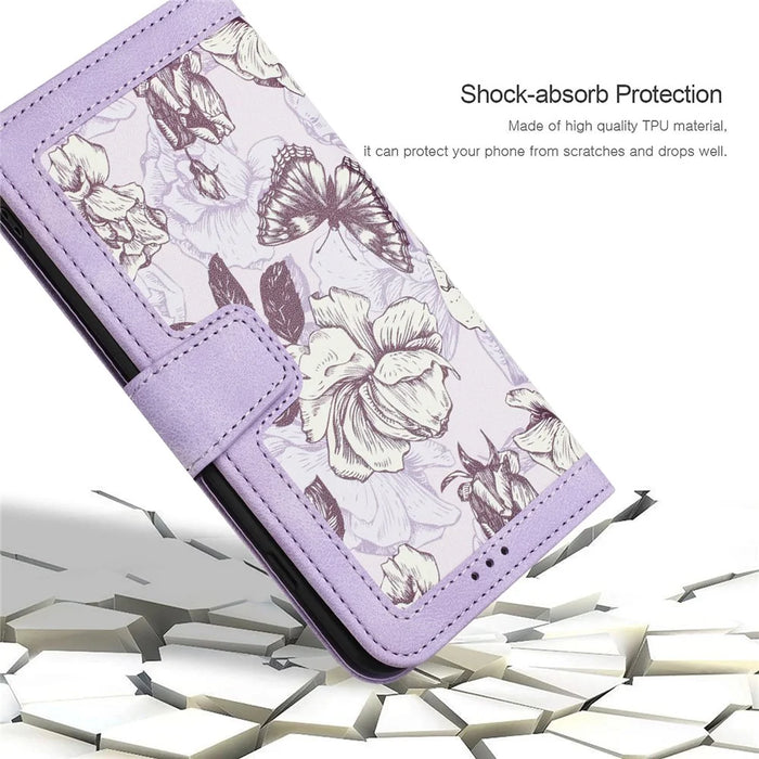 Flower Pattern Printing Leather Case for iPhone 15 , Card Holder Stand Phone Cover - Light Purple - 7