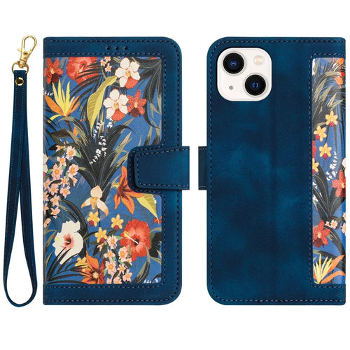 Card Slots Stand Phone Cover for iPhone 15 Plus , Flower Pattern Printing PU Leather Phone Case - Dark Blue - 1