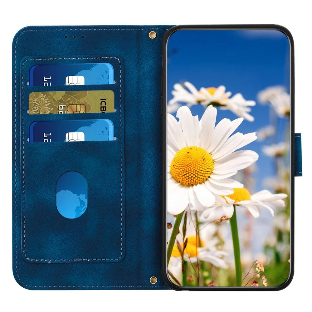 Card Slots Stand Phone Cover for iPhone 15 Plus , Flower Pattern Printing PU Leather Phone Case - Dark Blue - 2