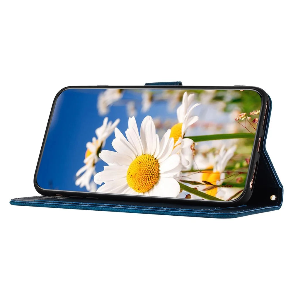 Card Slots Stand Phone Cover for iPhone 15 Plus , Flower Pattern Printing PU Leather Phone Case - Dark Blue - 3