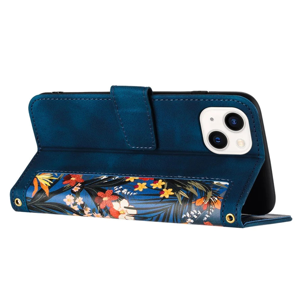 Card Slots Stand Phone Cover for iPhone 15 Plus , Flower Pattern Printing PU Leather Phone Case - Dark Blue - 4