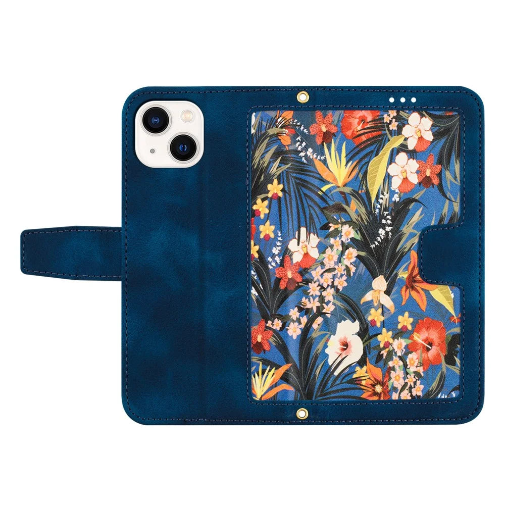 Card Slots Stand Phone Cover for iPhone 15 Plus , Flower Pattern Printing PU Leather Phone Case - Dark Blue - 5