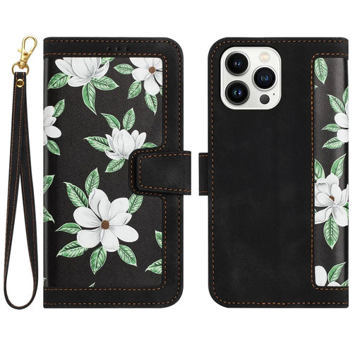 PU Leather Card Holder Case for iPhone 15 Pro Max , Flower Pattern Printing Stand Phone Cover - Black - 1
