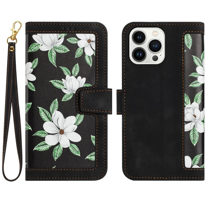 PU Leather Card Holder Case for iPhone 15 Pro Max , Flower Pattern Printing Stand Phone Cover - Black - 1
