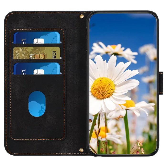 PU Leather Card Holder Case for iPhone 15 Pro Max , Flower Pattern Printing Stand Phone Cover - Black - 3