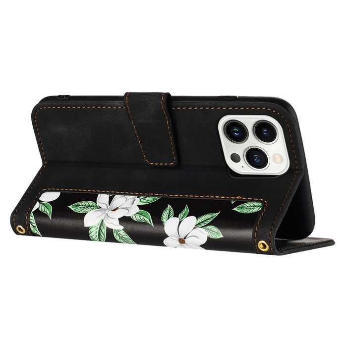 PU Leather Card Holder Case for iPhone 15 Pro Max , Flower Pattern Printing Stand Phone Cover - Black - 4
