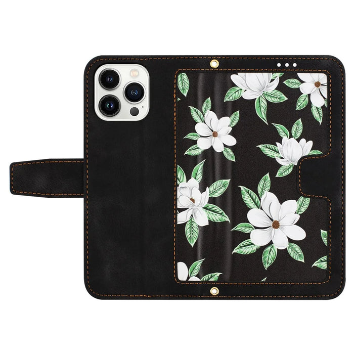 PU Leather Card Holder Case for iPhone 15 Pro Max , Flower Pattern Printing Stand Phone Cover - Black - 5