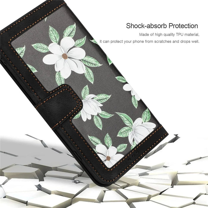PU Leather Card Holder Case for iPhone 15 Pro Max , Flower Pattern Printing Stand Phone Cover - Black - 7