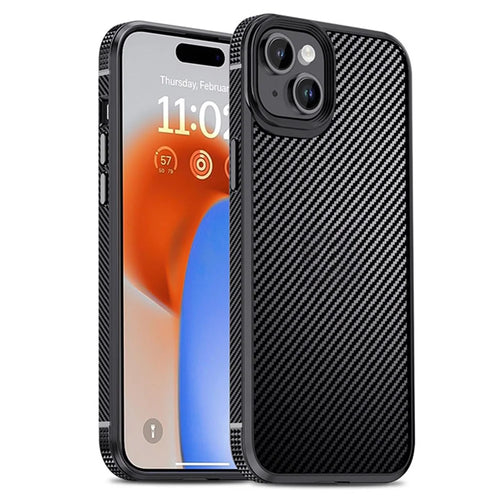 IPAKY Carbon Fiber Texture TPU + PC Case for iPhone 15 , Anti-drop Phone Cover - Black - 1