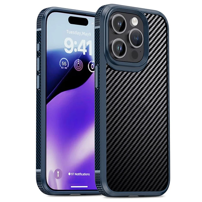 IPAKY Carbon Fiber Texture Phone Case for iPhone 15 Pro , TPU + PC Protective Phone Cover - Blue - 1