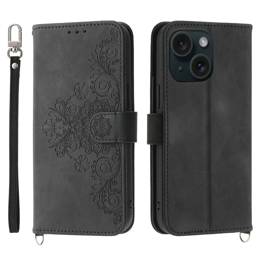 For iPhone 15 Plus Leather Phone Case Wallet Stand Flower Imprinted Cover with Wrist Strap + Shoulder Strap - Black - 1
