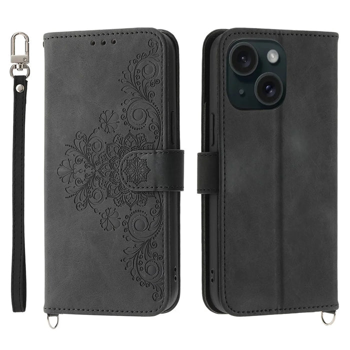 For iPhone 15 Plus Leather Phone Case Wallet Stand Flower Imprinted Cover with Wrist Strap + Shoulder Strap - Black - 1