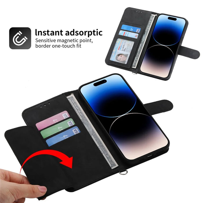 For iPhone 15 Plus Leather Phone Case Wallet Stand Flower Imprinted Cover with Wrist Strap + Shoulder Strap - Black - 6