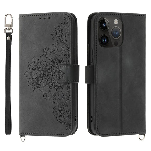 For iPhone 15 Pro Leather Flower Imprinted Case Wallet Stand Multiple Card Slot Wallet Phone Cover with Straps - Black - 1