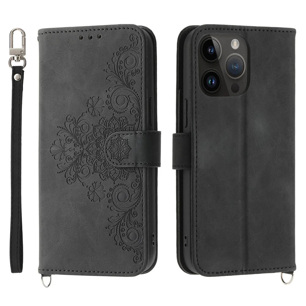 For iPhone 15 Pro Max PU Leather Flip Case Stand Wallet Imprinted Flower Phone Cover with Wrist Strap + Shoulder Strap - Black - 1