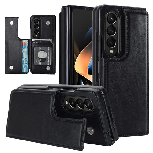 ZD018 Card Holder Phone Case for Samsung Galaxy Z Fold4 5G , PU Leather+PC Kickstand Double Magnetic Clasp Cover - Black - 1