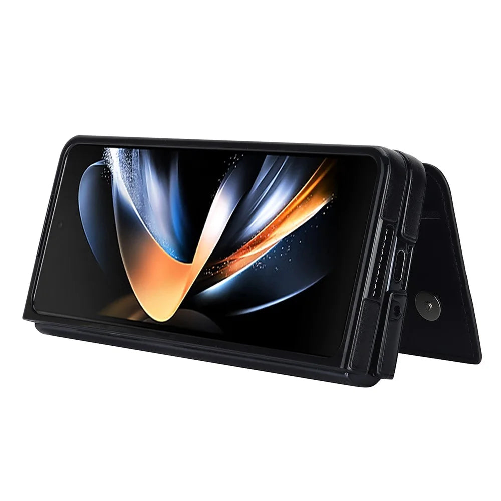 ZD018 Card Holder Phone Case for Samsung Galaxy Z Fold4 5G , PU Leather+PC Kickstand Double Magnetic Clasp Cover - Black - 3