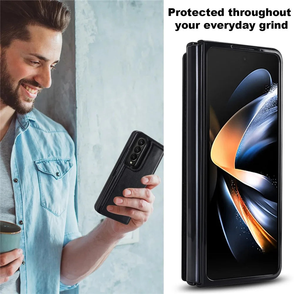 ZD018 Card Holder Phone Case for Samsung Galaxy Z Fold4 5G , PU Leather+PC Kickstand Double Magnetic Clasp Cover - Black - 5