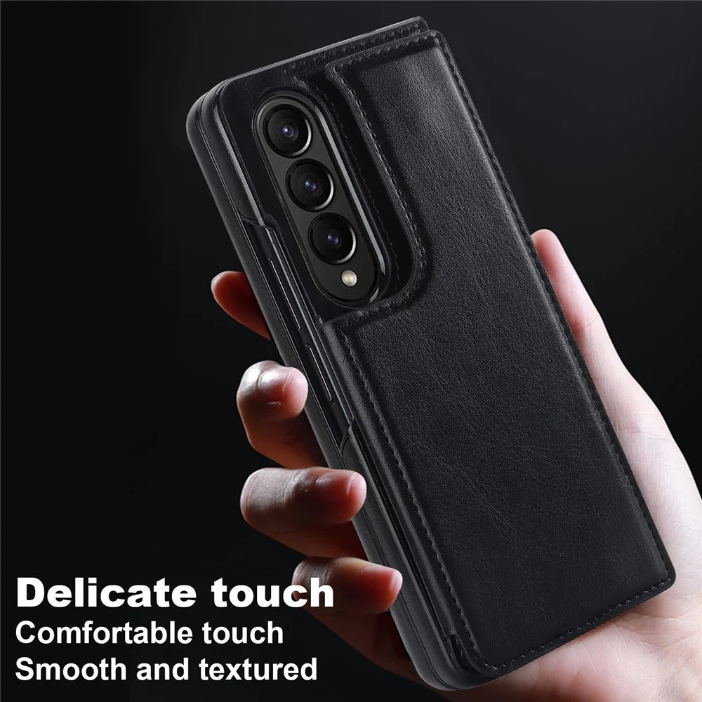 ZD018 Card Holder Phone Case for Samsung Galaxy Z Fold4 5G , PU Leather+PC Kickstand Double Magnetic Clasp Cover - Black - 6