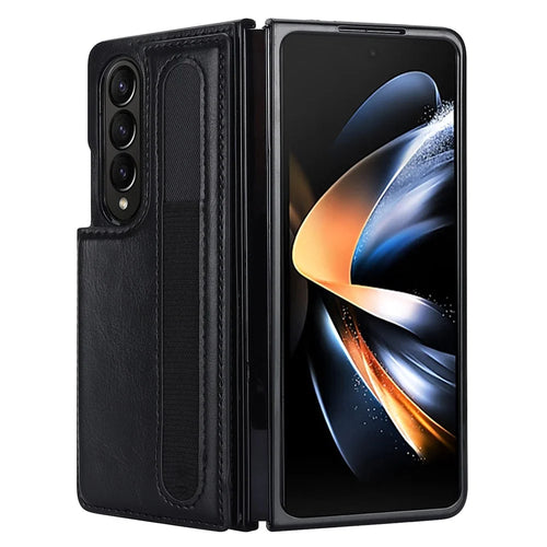 ZD019 Card Slots Kickstand Cover for Samsung Galaxy Z Fold4 5G , PU Leather+PC Folding Phone Case with Pen Holder - Black - 1