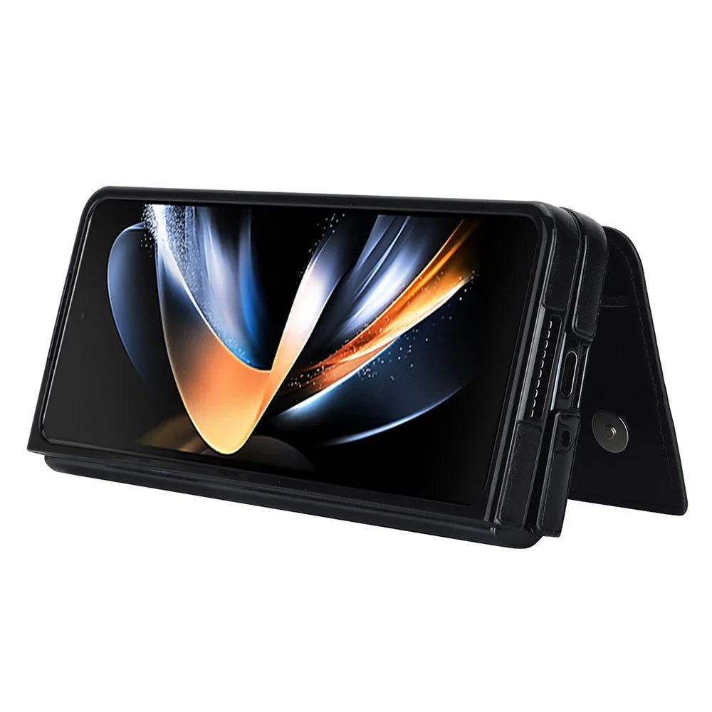 ZD019 Card Slots Kickstand Cover for Samsung Galaxy Z Fold4 5G , PU Leather+PC Folding Phone Case with Pen Holder - Black - 3