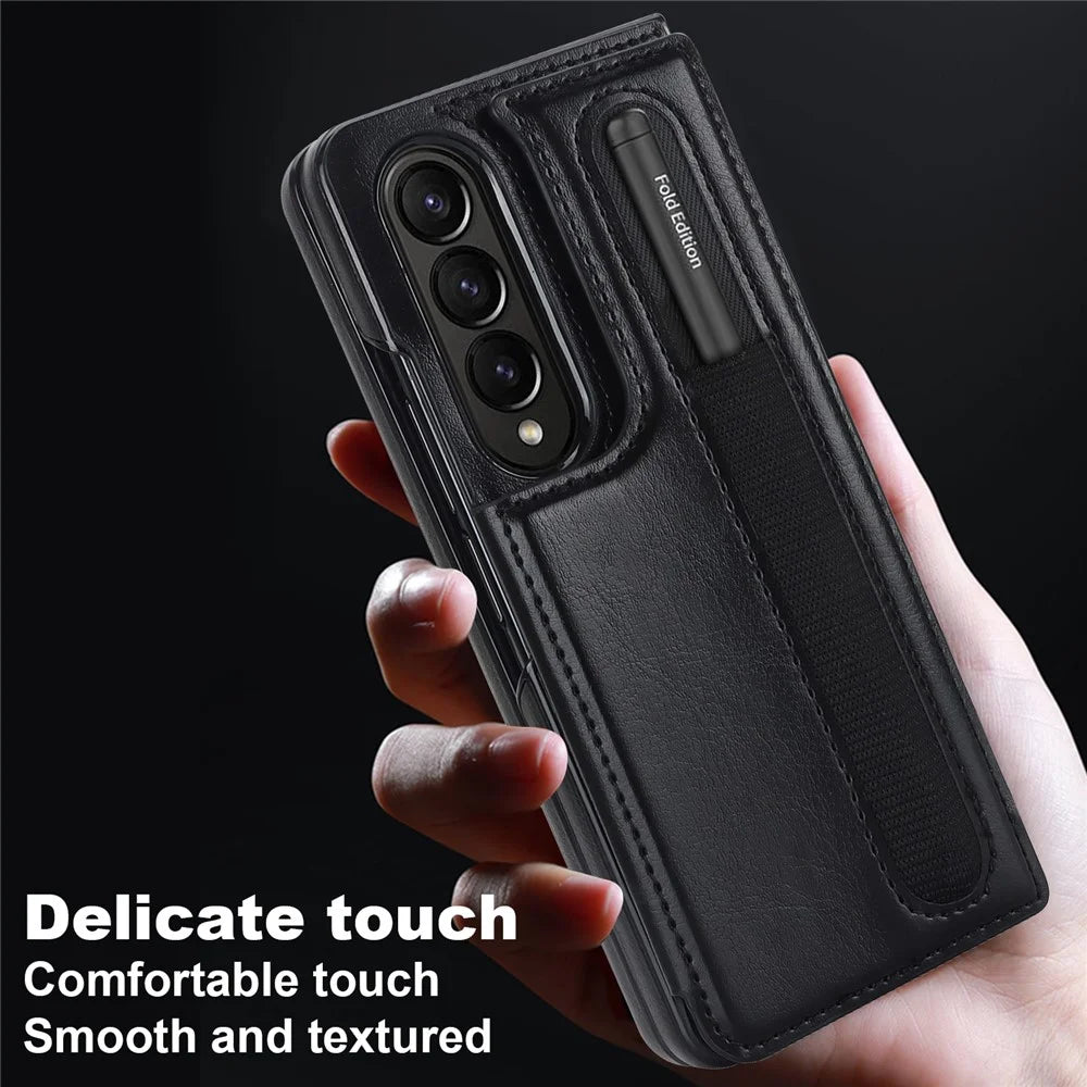ZD019 Card Slots Kickstand Cover for Samsung Galaxy Z Fold4 5G , PU Leather+PC Folding Phone Case with Pen Holder - Black - 5