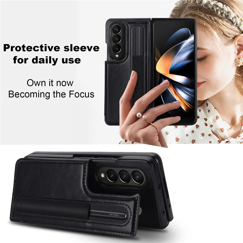 ZD019 Card Slots Kickstand Cover for Samsung Galaxy Z Fold4 5G , PU Leather+PC Folding Phone Case with Pen Holder - Black - 6