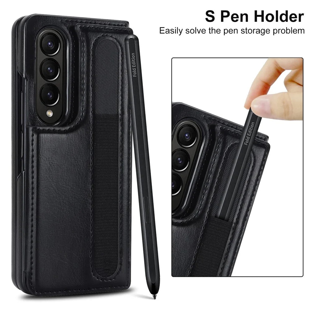 ZD019 Card Slots Kickstand Cover for Samsung Galaxy Z Fold4 5G , PU Leather+PC Folding Phone Case with Pen Holder - Black - 7