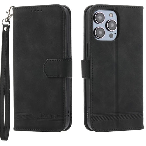 DIERFENG DF-03 Phone Wallet Case for iPhone 15 Pro , Lines Imprinted Leather Stand Cover - Black - 1
