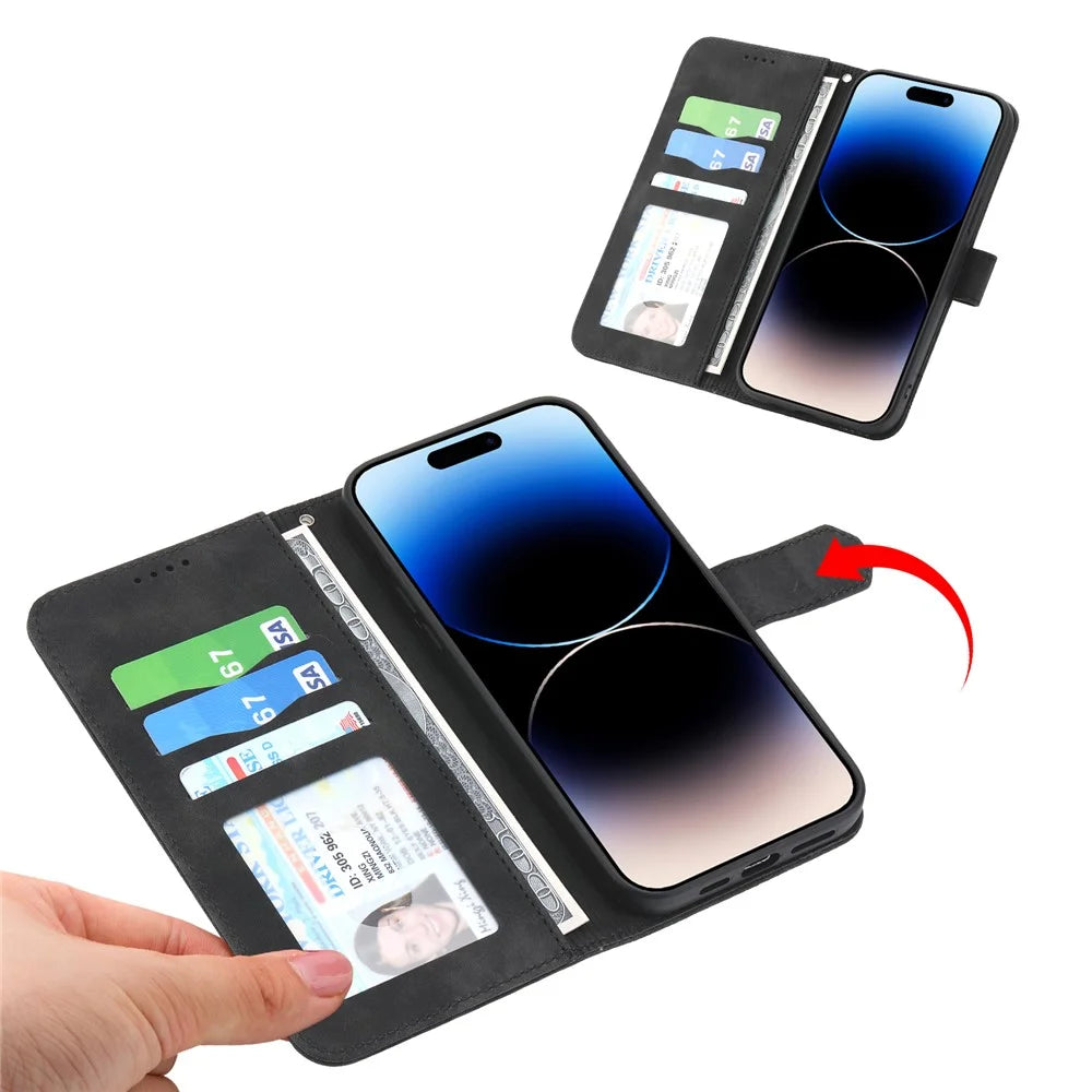 DIERFENG DF-03 Phone Wallet Case for iPhone 15 Pro , Lines Imprinted Leather Stand Cover - Black - 2