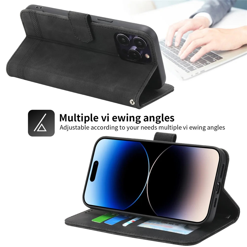DIERFENG DF-03 Phone Wallet Case for iPhone 15 Pro , Lines Imprinted Leather Stand Cover - Black - 3