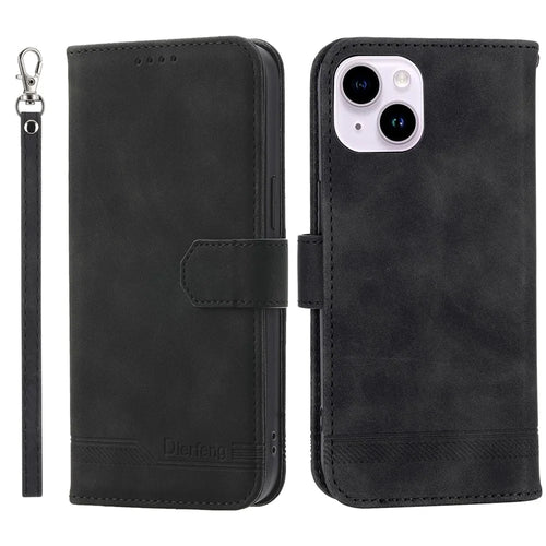 DIERFENG DF-03 PU Leather Phone Cover for iPhone 15 , Lines Imprinted Stand Wallet Phone Case - Black - 1