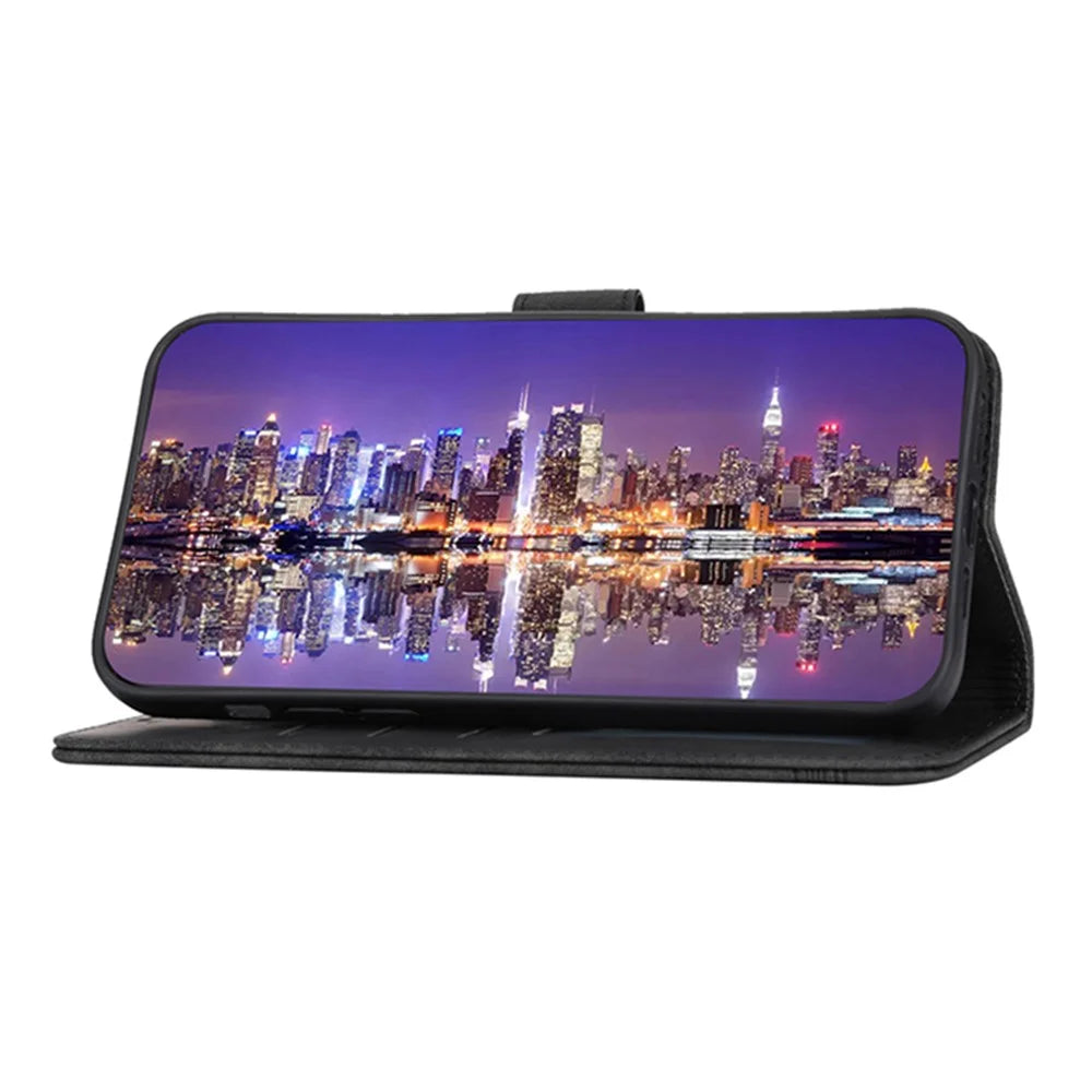 DIERFENG DF-03 PU Leather Phone Cover for iPhone 15 , Lines Imprinted Stand Wallet Phone Case - Black - 2