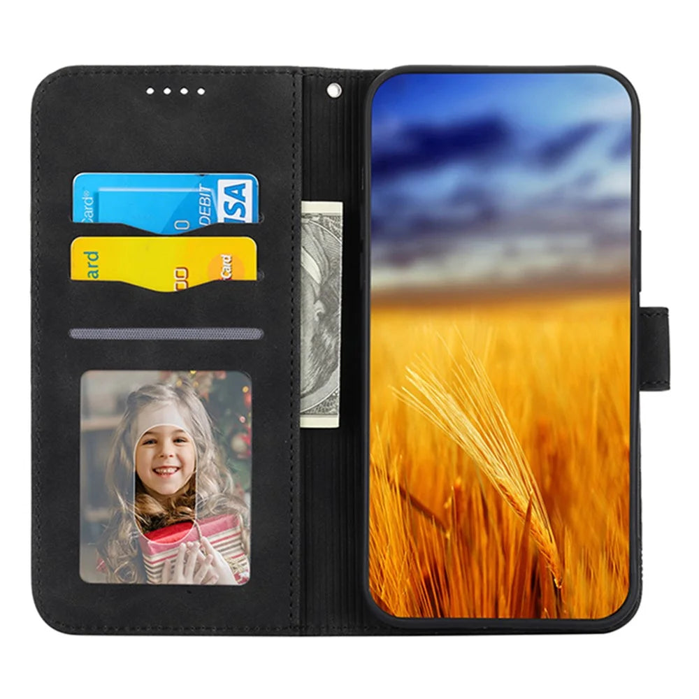 DIERFENG DF-03 PU Leather Phone Cover for iPhone 15 , Lines Imprinted Stand Wallet Phone Case - Black - 3