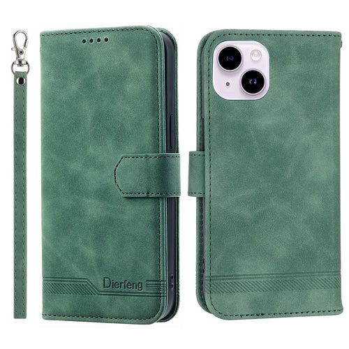 DIERFENG DF-03 Leather Wallet Phone Cover for iPhone 15 Plus , Lines Imprinted Stand Case - Green - 1