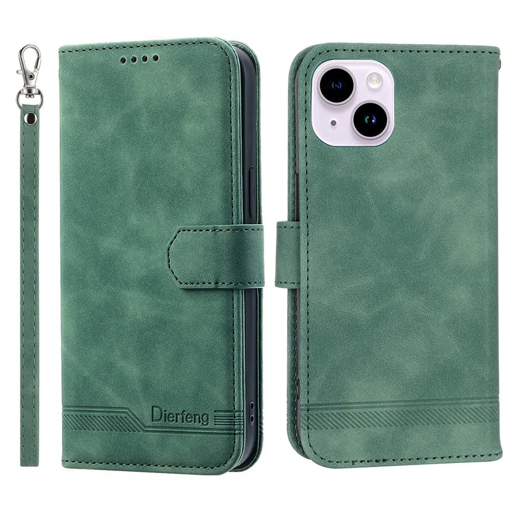DIERFENG DF-03 Leather Wallet Phone Cover for iPhone 15 Plus , Lines Imprinted Stand Case - Green - 1