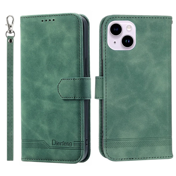 DIERFENG DF-03 Leather Wallet Phone Cover for iPhone 15 Plus , Lines Imprinted Stand Case - Green - 1
