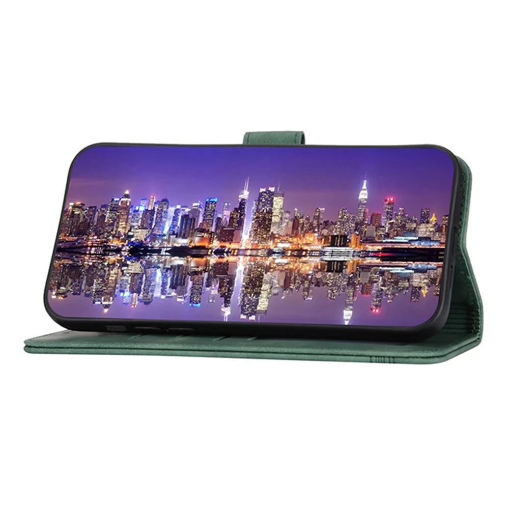DIERFENG DF-03 Leather Wallet Phone Cover for iPhone 15 Plus , Lines Imprinted Stand Case - Green - 2