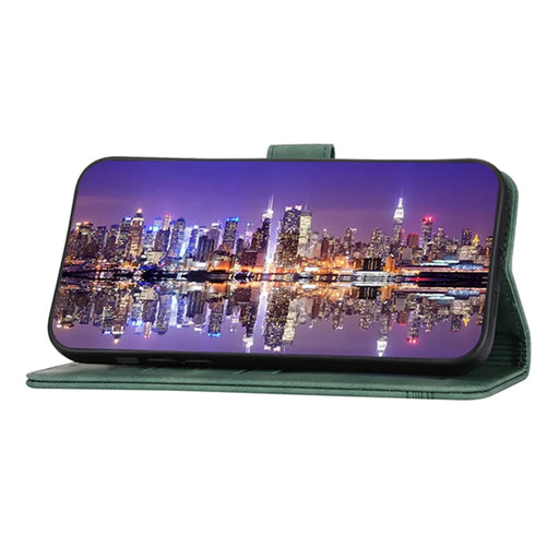 DIERFENG DF-03 Leather Wallet Phone Cover for iPhone 15 Plus , Lines Imprinted Stand Case - Green - 2