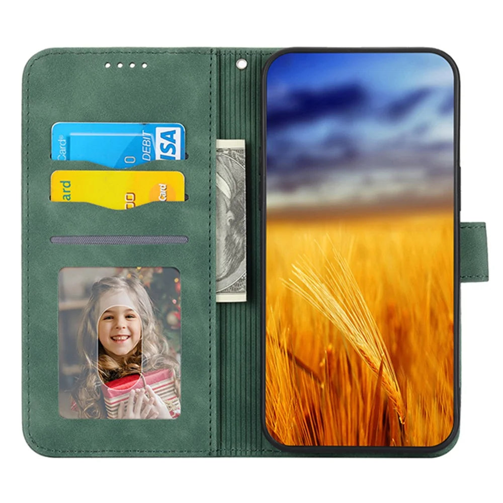 DIERFENG DF-03 Leather Wallet Phone Cover for iPhone 15 Plus , Lines Imprinted Stand Case - Green - 3